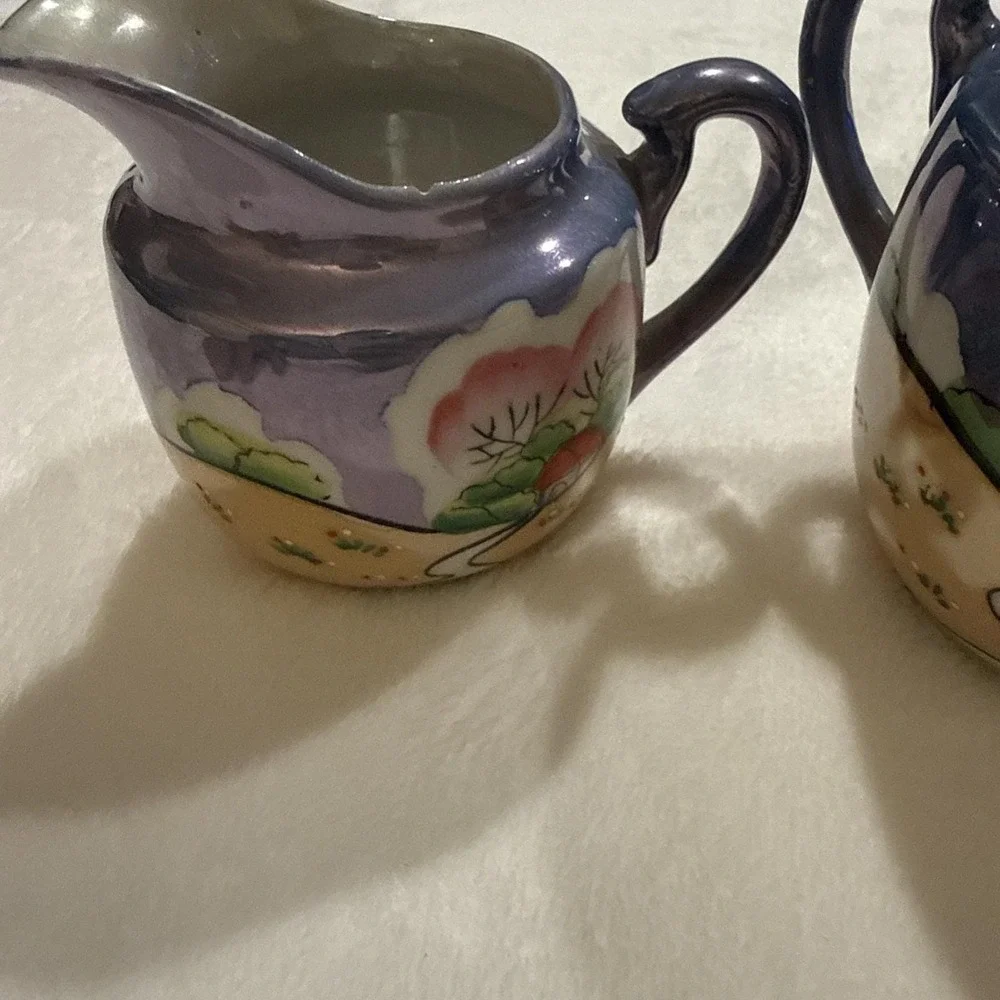 Vintage Japan Lusterware Creamer & Sugar Bowl Blue Peach Road Scene